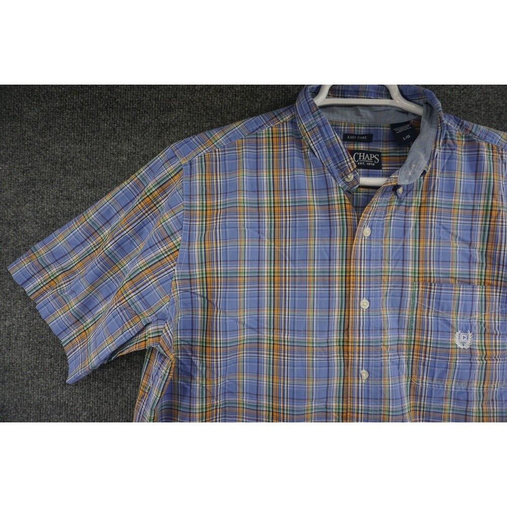 Chaps Shirt Mens Large Easy Care Blue Plaid Button Down Short Sleeve